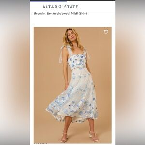 Altar'd State Cream Tulle Skirt with Blue Floral Embroidery